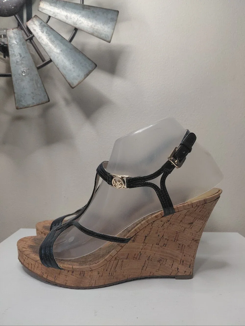 Michael Kors Cicely Navy Leather T-Strap Cork Wedge Sandals